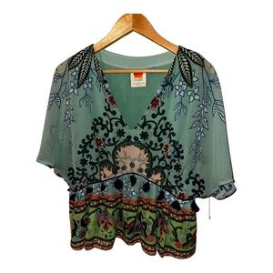 FARM Rio Green and Blue Leaf Pattern Blouse